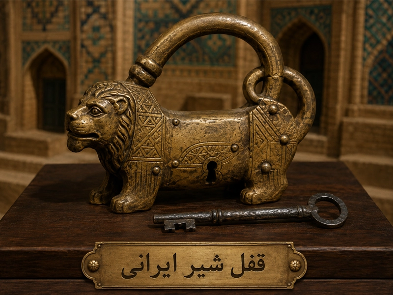 قفل شیر ایرانی با طراحی سنتی و بدنه فلزی قدیمی